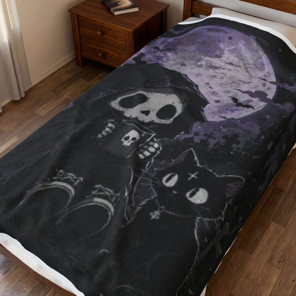 Gothic Grim Reaper and Black Cat Halloween Velveteen Plush Blanket
