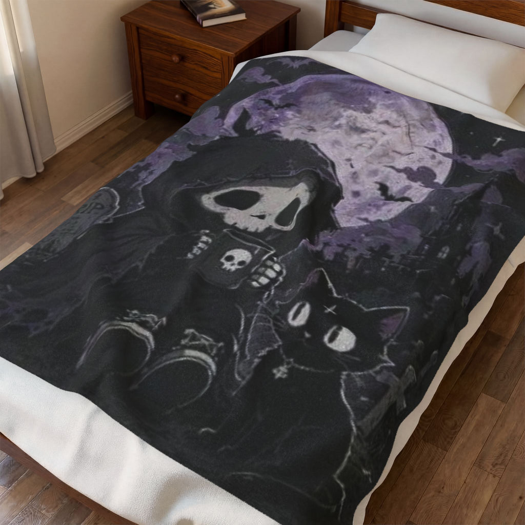 Gothic Grim Reaper and Black Cat Halloween Velveteen Plush Blanket
