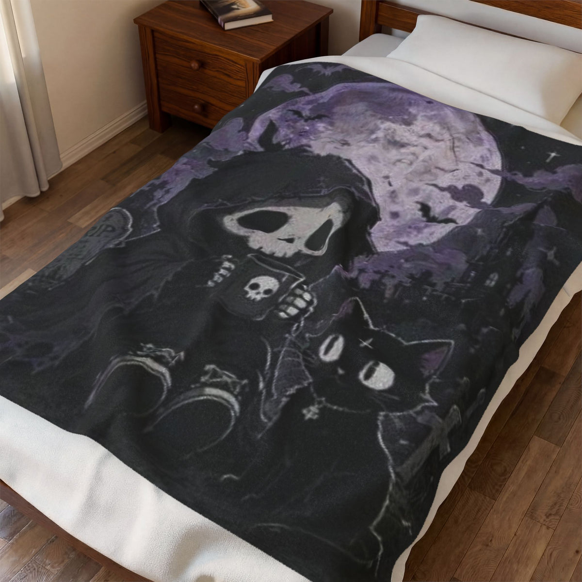 Gothic Grim Reaper and Black Cat Halloween Velveteen Plush Blanket