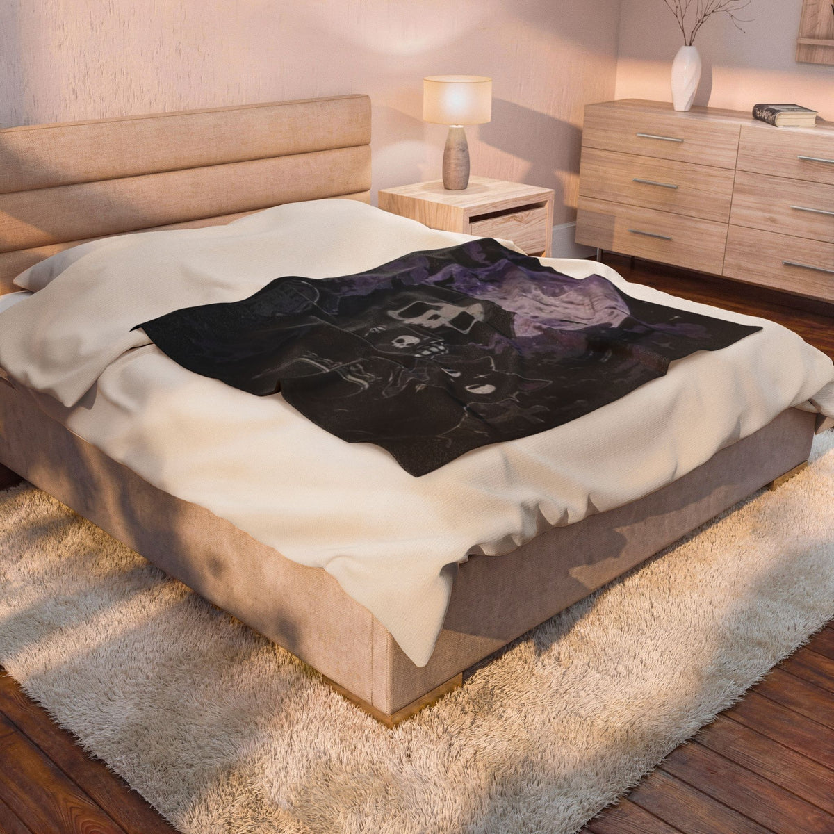 Gothic Grim Reaper and Black Cat Halloween Velveteen Plush Blanket
