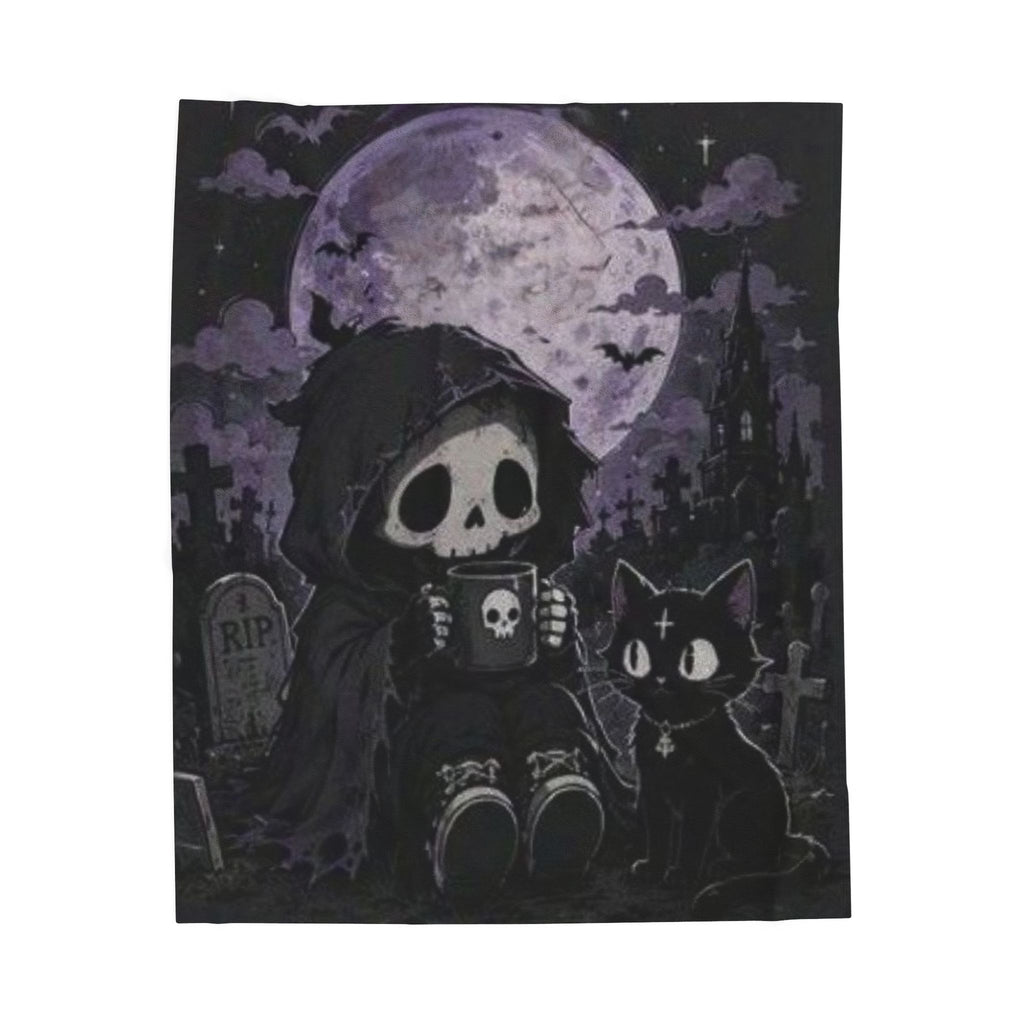 Gothic Grim Reaper and Black Cat Halloween Velveteen Plush Blanket