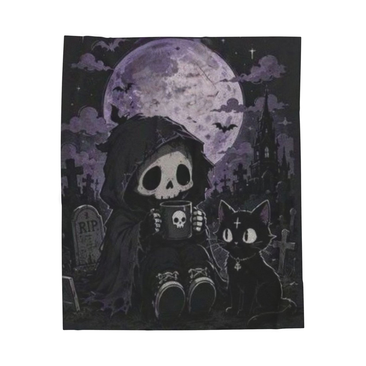 Gothic Grim Reaper and Black Cat Halloween Velveteen Plush Blanket